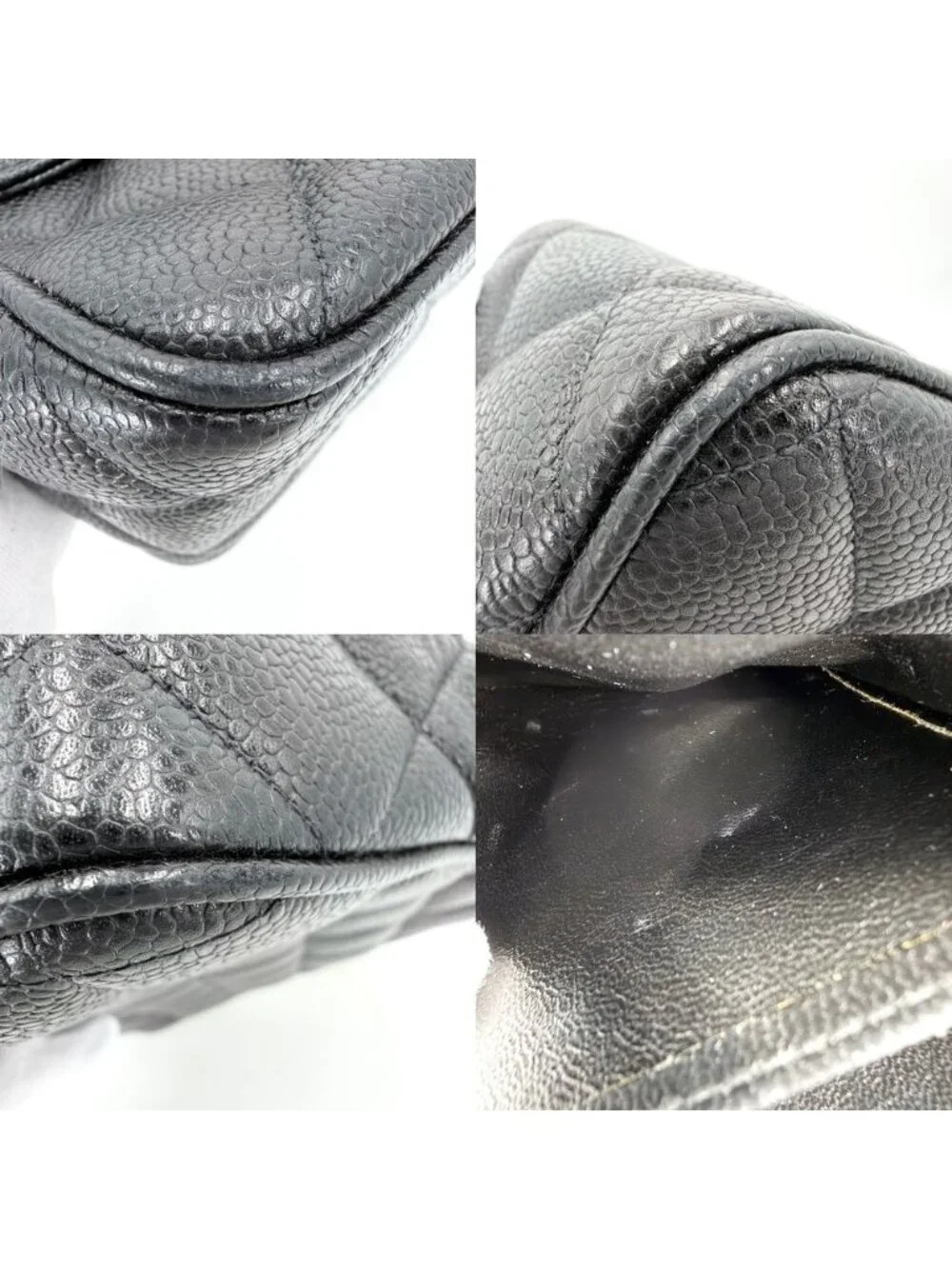 Chanel Shoulder Bag Quilted CC Logo Square Crossbody Caviar Leather Black Gold